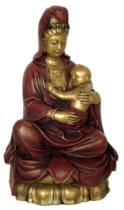 Kuan-Yin figur siddende med baby - 24cm