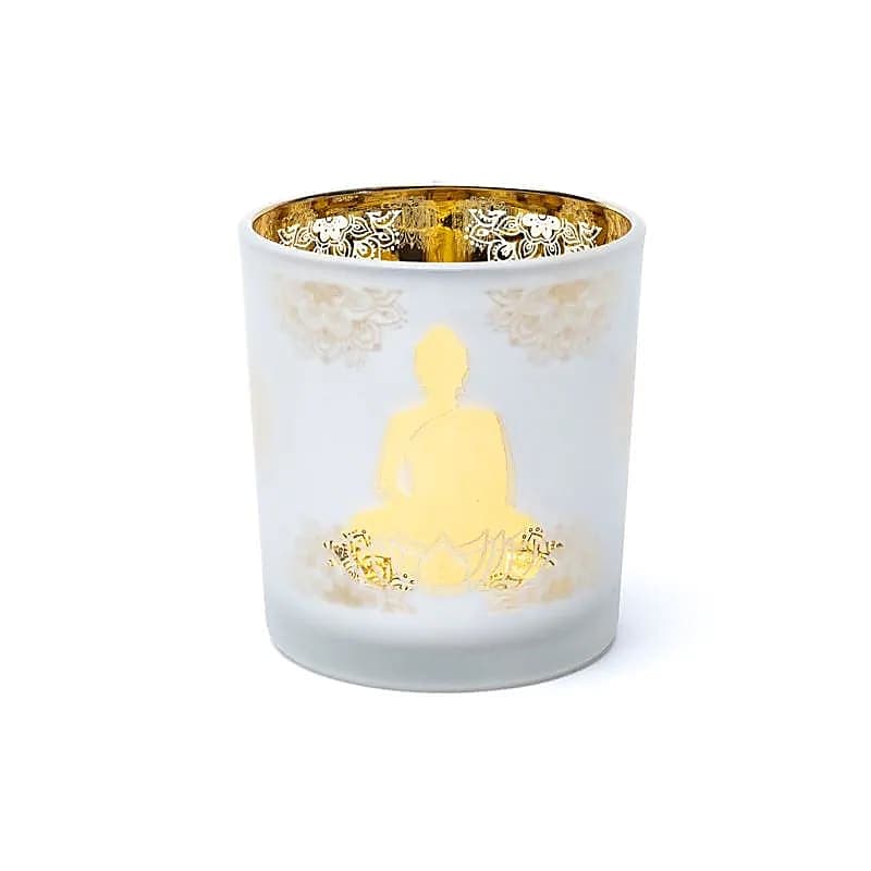Stearinlysholder frostet/metallisk med Buddha