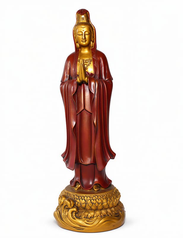 Kuan-Yin figur Namaste - 32 cm - rød/guld