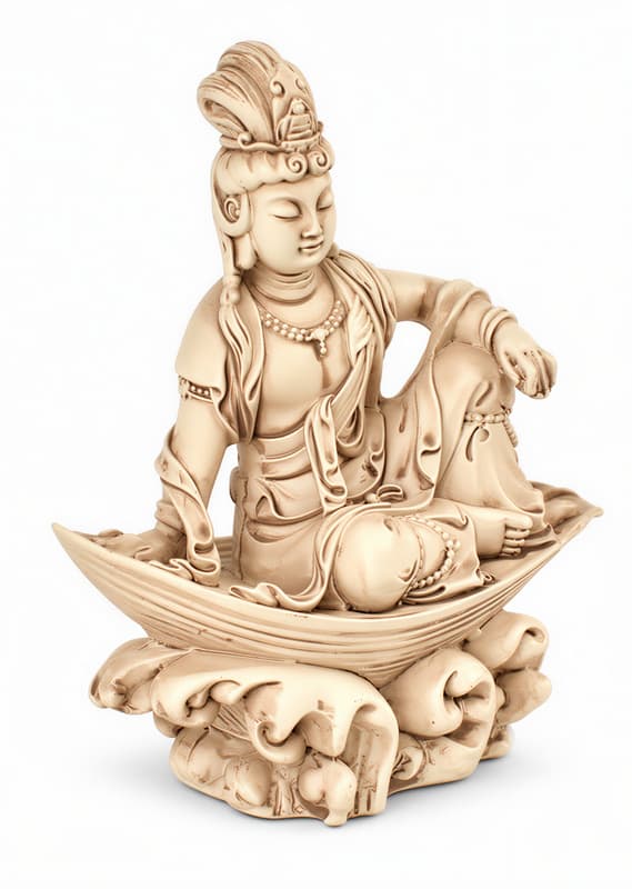 Kuan-Yin figur siddende på blad - 10 cm