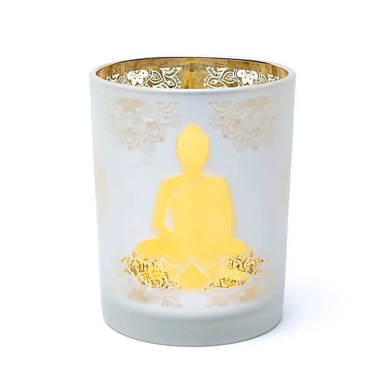 Stearinlysholder frostet/metallisk med Buddha